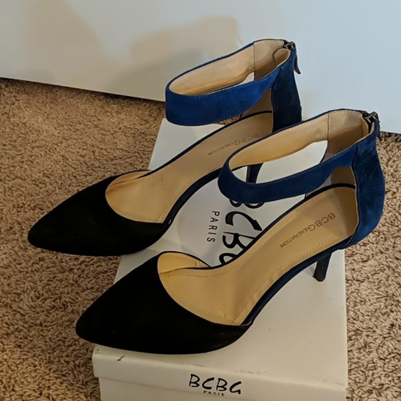 Black suede heels with blue ankle strap - Picture 2 of 4